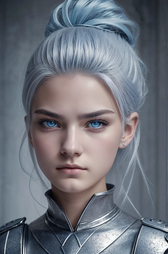 an 18 year old girl with silver hair, light gray eyes with light blue irises, a dominant look, a serious and cold face without feminine features, White skin, muscular and tough body with a prince's armor, of the mediaval era