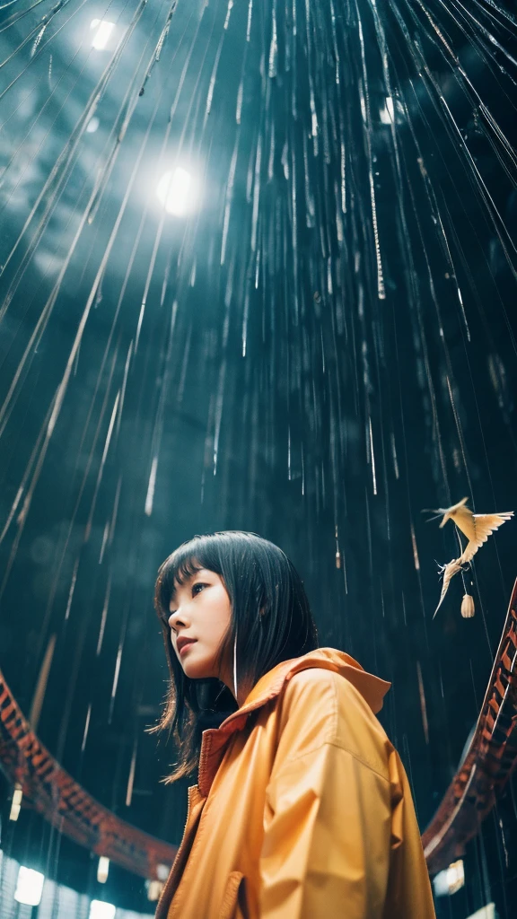 ((crane))、bird、Rainy Sky、1girl,from below