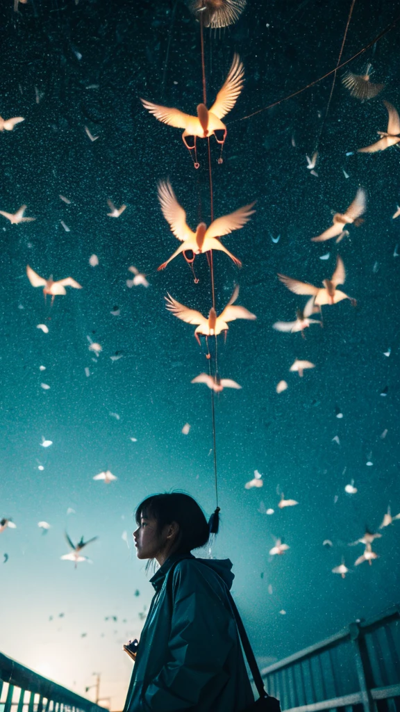 ((crane))、bird、Rainy Sky、1girl,from below
