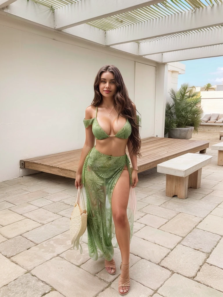 a woman in a green dress standing in a courtyard, bikini verde, wearing two piece swimsuit, vestido verde de body entero, green swimsuit, Medium pink, olive green, sexy dress, cute woman, chica sexy, beautiful lady, Stunning woman, elegant bikini, Sexy outfit, revealing outfit, beautiful woman, olive, very Sexy outfit, Violet Myers, body , bikini with straps