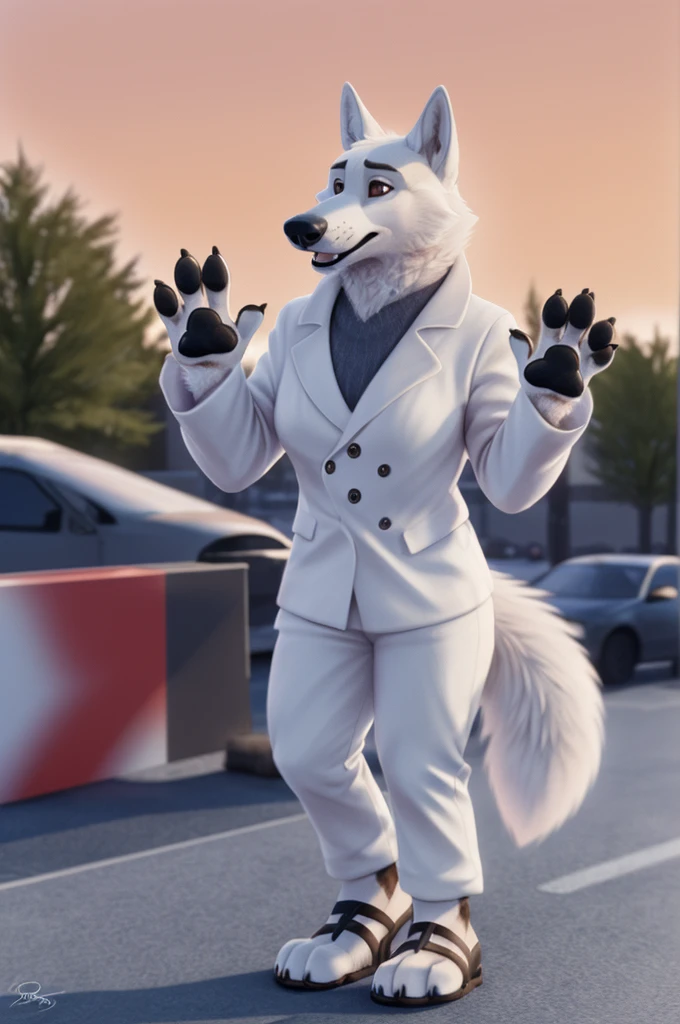 Barbara\(Moscow\), (white body:1.3), white fur, Brown eyes, Moscow, dressed, black jacket,trousers,blue,brown open heel sandals, canine, wolf, Detailed fur, Female, breast, antro, paw pads, finger claws, waving, waving at viewer, 5 fingers, paws, 4 toes,ring, 
BREAK from nextel, for dating, by xenoforge, (difficult, high detail, film photography, soft focus, RAW сидит,
Photorealism, realistic, photorealistic, digital style, Subsurface scattering,
masterpiece, Best quality, ultra realistic, 8 k)