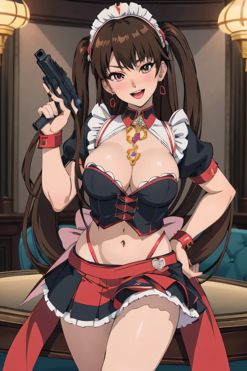 leifang, 1girl, long hair, blush, lipstick, jewelry, earrings, complex detailed background, casino environment, fancy interior environment, rich
interior, masterpiece, best quality, highly detailed, a anime girls in maid uniforms with a gun posing for a
picture, maid outfit, cleavage, evil smile, smile, open mouth ,????? anime style, anime girls, ????? style,
?????, digital anime art!!, in anime style, official artwork, (????) ?????????????????, beautiful anime maid
girl, anime style 4 k, micro skirt, exposed belly, exposed navel, exposed midriff, exposed lower belly,
holding a gun