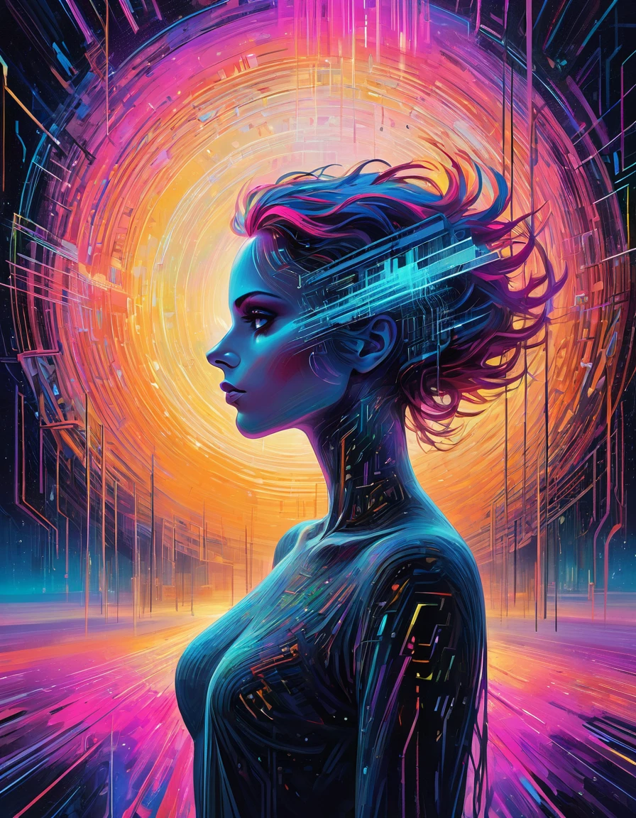 oil on canvas, muse of digital generative art, divine supernatural being, otherworldly beauty, unperturbed, in the background there is an abstract motif of digital code and glitch aesthetics., it appears from the void of diffusion, filled with photon energy, thick textured paint, neat style of writing, confusingly detailed, A true masterpiece, 8 k, HDR, bright neon colors combined with pastel tones, Minimalist, Atmosphere of the 80s, Scenic quality