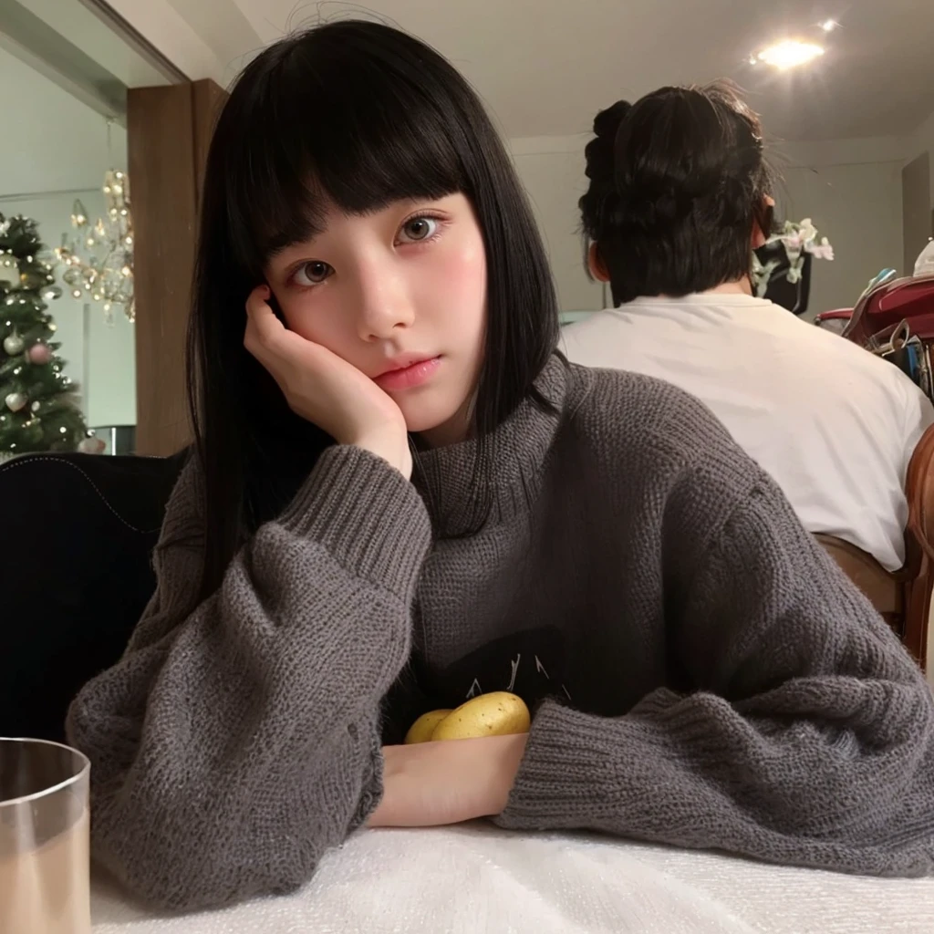 Pale teenage girl with black hair and bangs above her eyebrows, with small pink lips and a potato nose and light green eyes, taking photos distracts you 