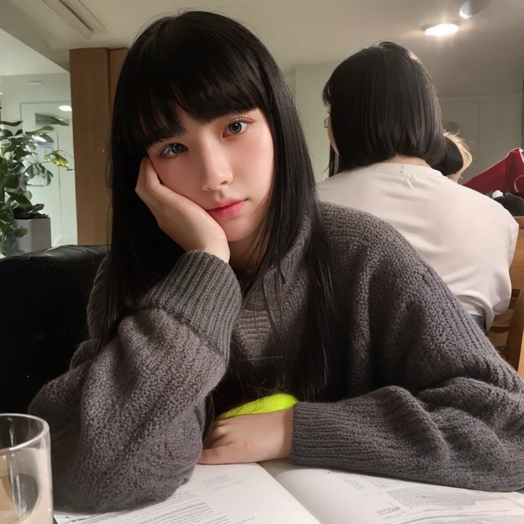 Pale teenage girl with black hair and bangs above her eyebrows, with small pink lips and a potato nose and light green eyes, taking photos distracts you 