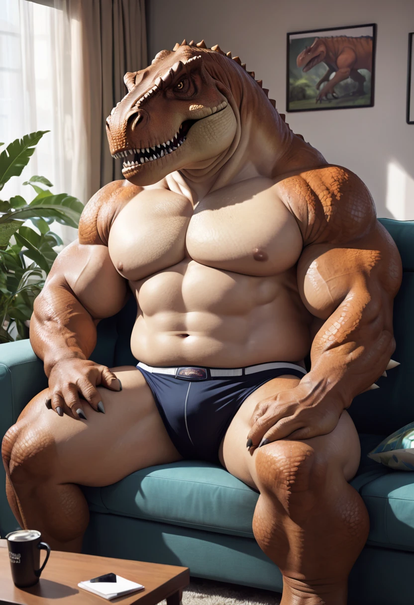 white anthro giant tyrannosaurus with chubby build, gigantic hyper muscles, super broad shoulders, giant lats, huge round heavy pecs, massive arms, thick thighs, big thick tail, giant bulge in boxers,, with collar, lying on sofa too small for him, dynamic pose, by nullghostart