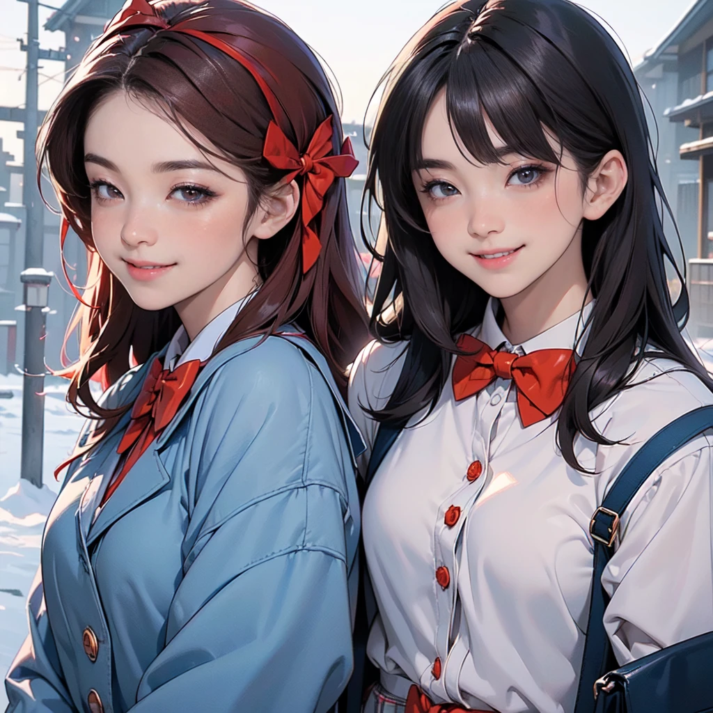 ((8K, RAW Photos, Highest quality, masterpiece)),((Showing the kimono from the obi up:1.5)), High-resolution RAW color photos、 Professional close-up photography, (Realistic, フォトrealism: 1.37), (Highest quality), (Best Shadow), (Best illustrations), High-quality images、Skin Radiance、Texture of skin and clothing、 Expression of fine eyes、Shiny Hair,Long Hair Girl, Manga inspired by Lee Jong-suk, Trending on deviantart, realism, detailed manga style, Manga art style, Perfect Line Drawing, Beautiful line art, digital manga art girl, K-POPアイドル, Beautiful brown eyes, Fuller lips, Gorgeous face with attention to detail, (Cute Smile), attractive, Innocent, (Perfectly detailed face), (Detailed and carefully drawn hand) Photorealistic images, Written boundary depth, (Japanese style princess cut hairstyle:1.5), best quality, masterpiece, New Year, Three Japanese high-school cute girls, ((looking straight:1.7)), (Japanese-high-school-blue-blazer-uniform:1.5), ((blazer:1.7)) (((Reddish bow tie, with a school bag:1.7))), ((gently smiling:1.7)), ((upper arms hidden by clothes and hair:1.5)), (innocent and pure high-school-girls:1.7) ((white short scarf:1.2)), ((white feather shawl:1.2)), (separately side by side:1.8), shrine background, (mount Fuji:1.3), ((snow)) winter(season), (outdoors:1.5)