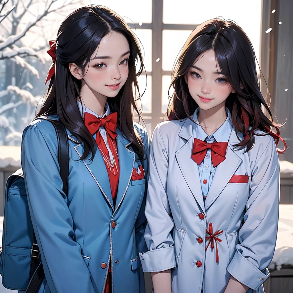 ((8K, RAW Photos, Highest quality, masterpiece)),((Showing the kimono from the obi up:1.5)), High-resolution RAW color photos、 Professional close-up photography, (Realistic, フォトrealism: 1.37), (Highest quality), (Best Shadow), (Best illustrations), High-quality images、Skin Radiance、Texture of skin and clothing、 Expression of fine eyes、Shiny Hair,Long Hair Girl, Manga inspired by Lee Jong-suk, Trending on deviantart, realism, detailed manga style, Manga art style, Perfect Line Drawing, Beautiful line art, digital manga art girl, K-POPアイドル, Beautiful brown eyes, Fuller lips, Gorgeous face with attention to detail, (Cute Smile), attractive, Innocent, (Perfectly detailed face), (Detailed and carefully drawn hand) Photorealistic images, Written boundary depth, (Japanese style princess cut hairstyle:1.5), best quality, masterpiece, New Year, Three Japanese high-school cute girls, ((looking straight:1.7)), (Japanese-high-school-blue-blazer-uniform:1.5), ((blazer:1.7)) (((Reddish bow tie, with a school bag:1.7))), ((gently smiling:1.7)), ((upper arms hidden by clothes and hair:1.5)), (innocent and pure high-school-girls:1.7) ((white short scarf:1.2)), ((white feather shawl:1.2)), (separately side by side:1.8), shrine background, (mount Fuji:1.3), ((snow)) winter(season), (outdoors:1.5)