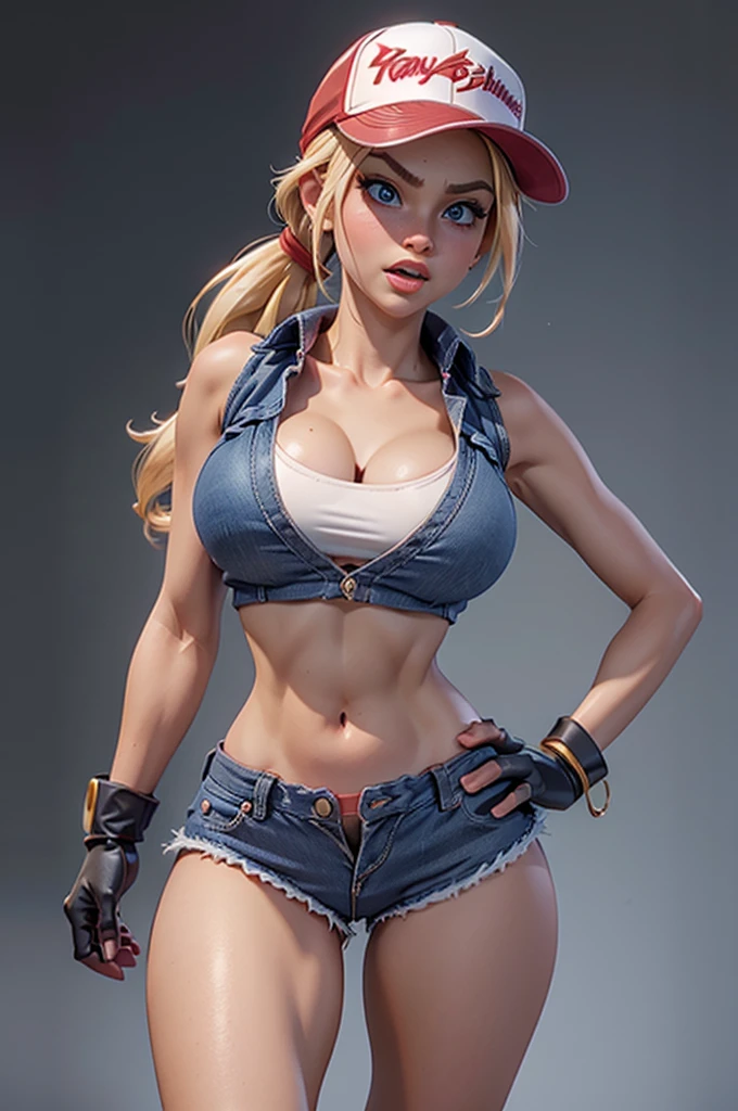 (masterpiece), best quality, expressive eyes, perfect face, highres, (8k), (perfect face), (ultra details), 1 girl, solo, terry bogard girl, blonde hair, ponytail, blue eyes, long hair, baseball cap, fingerless gloves, denim shorts, shoes, hands on own chest
, blushing, frightened, anguished, open-mouthed, room background, no posing, standing, portrait, looking down