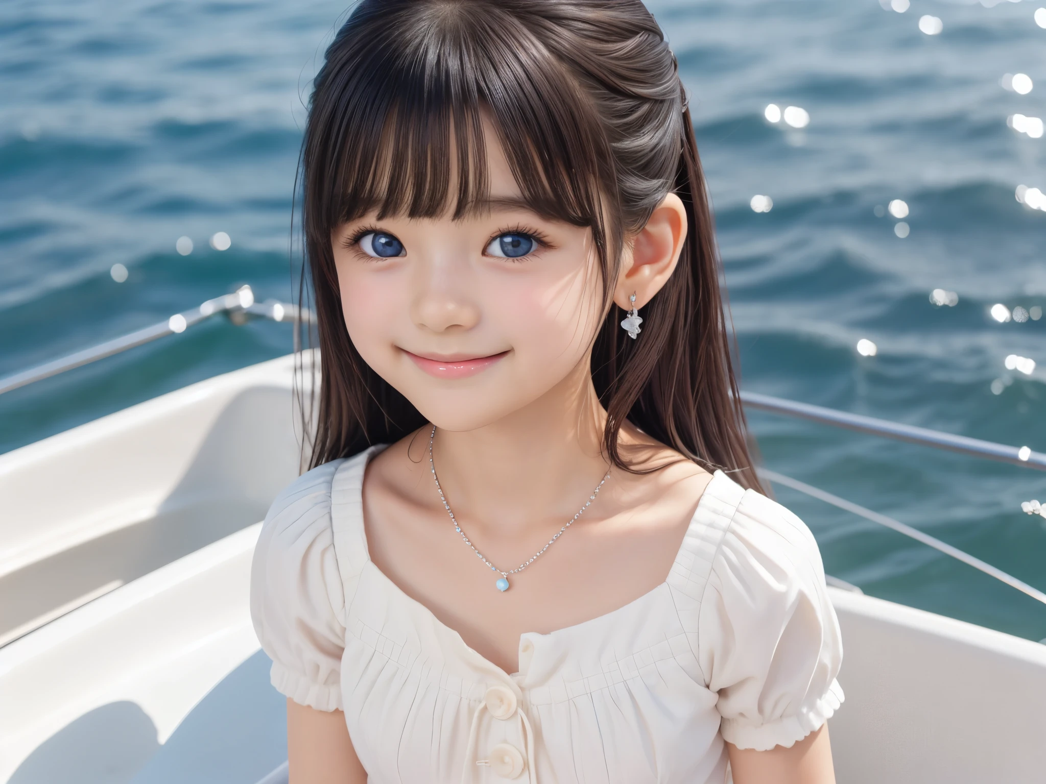 Small breasts、Earrings、necklace、Beautiful glowing white skin,、 bright, Refreshing and gentle look, Perfect beautiful pretty face, Shiny, straight, long hair down to the waist, Beautiful shiny bangs, （（Very beautiful and beautiful４Year old girl））, eyeliner, so perfect and beautiful, Big clear sky blue eyes, bright eye highlights、、Cute smile、Long eyelashes、Low waist、Low rise、Ocean、On the boat、Have a bold pose、Being at the edge of the waves、She is looking down from above、hot pants、