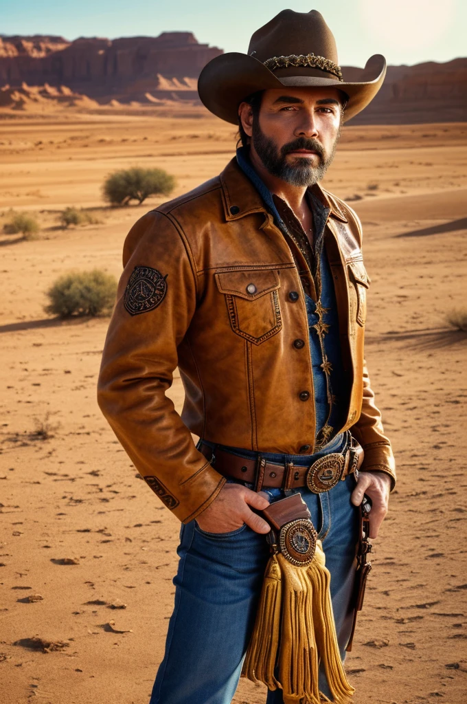 a humanoid vulture wearing cowboy attire, holding a pistol, in a western desert setting, high noon, (best quality,4k,8k,highres,masterpiece:1.2),ultra-detailed,(realistic,photorealistic,photo-realistic:1.37), extremely detailed eyes and face, highly detailed leather clothing, intricate belt buckle, dusty desert background, scorching sun, dramatic lighting, vivid colors, cinematic composition