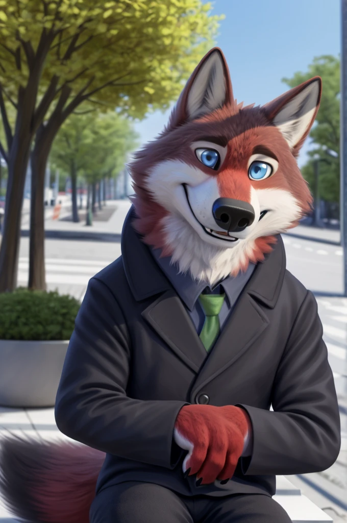 Ivan Wolfbach (сотрудник Аэропорта Domodedovo),high,Beautiful,slim,24 years,wolf, red fur,high Beautiful wolf, 24 years,(red body:1,3),beautiful blue eyes,Domodedovo, Russia, Аэропорт Domodedovo,gray shirt, green tie, black trousers,Dog, wolf, detailed fur, a male, antro, paw pads, finger claws, per viewer, 5 fingers, paws, 5 fingers, day, digital photography, soft focus, Good mood на приеме,sitting in the dentist's office, Photorealism, realistic , Photorealism, digital style, from close walks around the city, Very close to the camera, digital photography, positive smile, Good, mood, green tie, dental treatment in hospital, they don't see well, pilot patch, 4 yellow stripes on sleeves,
masterpiece, Best quality, ultra realistic, 8 k)