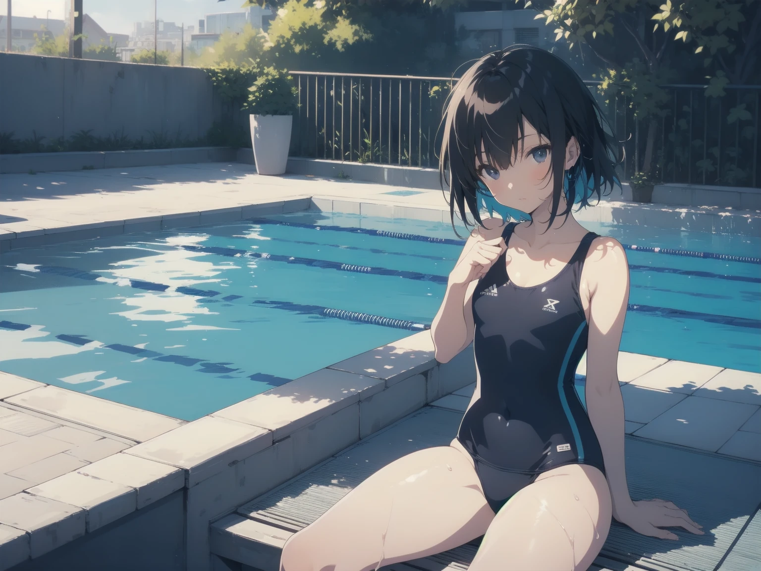 ultra-Top-quality by art God, ultra-detailed, high resolution, shinkai makoto style, anime moe artstyle, best anime 8k konachan wallpaper, pixiv contest winner, perfect anatomy, break,(Please draw a picture of a girl in a swimsuit sitting on a bench by the poolside alone.),break, a hyperrealistic school girl, parted lips, (Solo,lolita, -year-ol3),Fulimbs, complete fingers, androgynous charm, very short hair, wet hair, small breasts,slender body, Small butt, groin, Small black eyes,hanme,beautiful detailed eyes, well-proportioned iris and pupils, sleepily, highres detailed hair, swimsuit, wet swimsuit, bare shoulders, thighs,  in the school pool. break,dewy skin, perspiration on the skin,skin texture, fine lines, pores, natural imperfections,light reflections, glossy skin, shiny skin,break,super detailed skin, shiny skin, Best lighting powered by famous artist, 8k, illustration,UHD, textured skin,break,((artist:toosaka_asagi )), artist:clamp ,artist:carnelian ,artist:kantoku ,