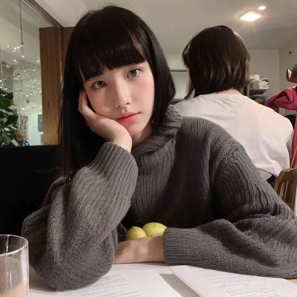 Pale teenage girl with black hair and bangs above her eyebrows, with small pink lips and a potato nose and light green eyes, taking photos distracts you