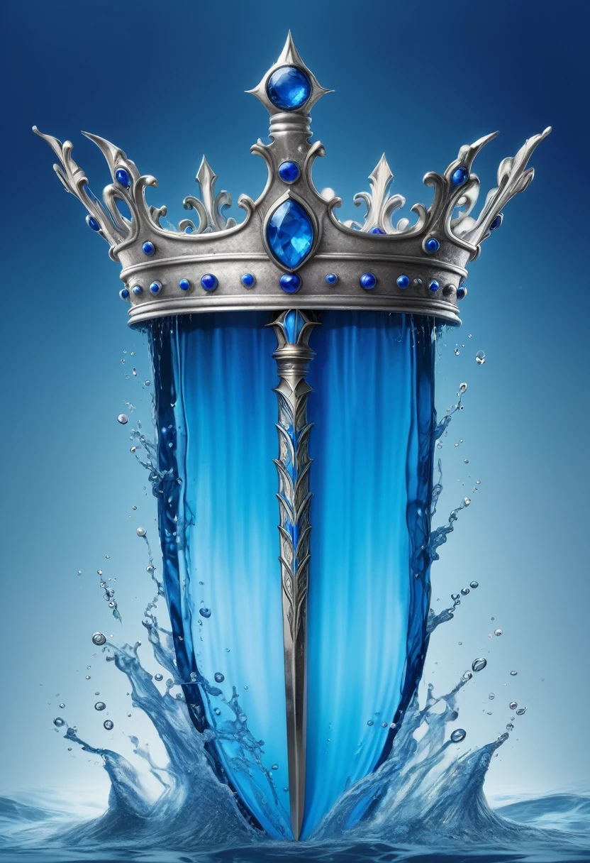 an extremely detailed blue crown made of water with a spear with a large blue blade behind the crown
