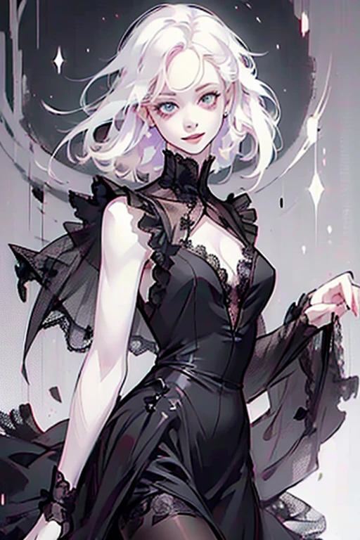 (black lace dress, pantyhose :1.3),Cute 18 yo (albino:1.4)woman of Slavic descent.(short:1.1), long white hair, gray eyes, ((very pale:1.4)). Innocent look. Gentle spirit.(virgin),((smile)).Masterpiece, best quality(highly detailed:1.2),(detailed face and eyes:1.2), depth of field, 8k wallpaper, studio lighting, core shadows, high contrast, bokeh.