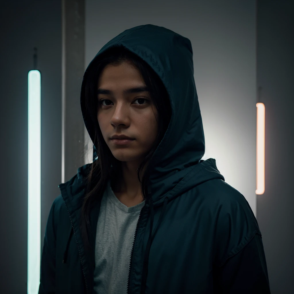 tree masked hooded young men color coridor neon liminal space cold light tamisé
