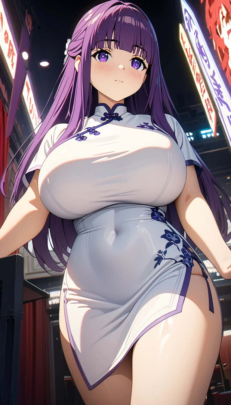 Cheongsam Girl,Half Up,Purple Hair,Purple eyes,Long Hair,Blunt bangs,cowboy shot,Pure white background,Big Breasts,Depth of written boundary,(Low angle view:0.9),Calf Level View,Overclocked Renderer,Cinema Lighting,masterpiece,Ultra-fine,Very detailed,complicated,Cinematic Perspective,CG Art,Looking at me,