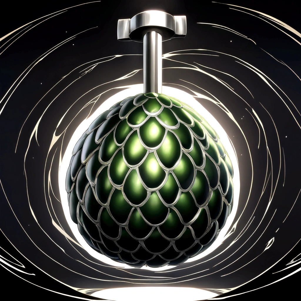 The fruit is shaped like a hammer, the size of a pineapple with a wide base that tapers slightly towards the top. The surface of the fruit is covered in spiral patterns. The skin is hard and rough, as if made of a sturdy metal. The color is a dark shade of metallic gray, with subtle silver sparkles that reflect the light. On top of the fruit is a small leaf shaped like a crossed hammer, with a dark green coloration. BLACK BACKGROUND, "Anime design inspired by One Piece, full of dramatic and impressive lighting, infused with creative details, ultra-fine 2D design, scenery bathed in creativity, boasting 2D anime resolution clarity, HD anime graphics, high-octane rendering."