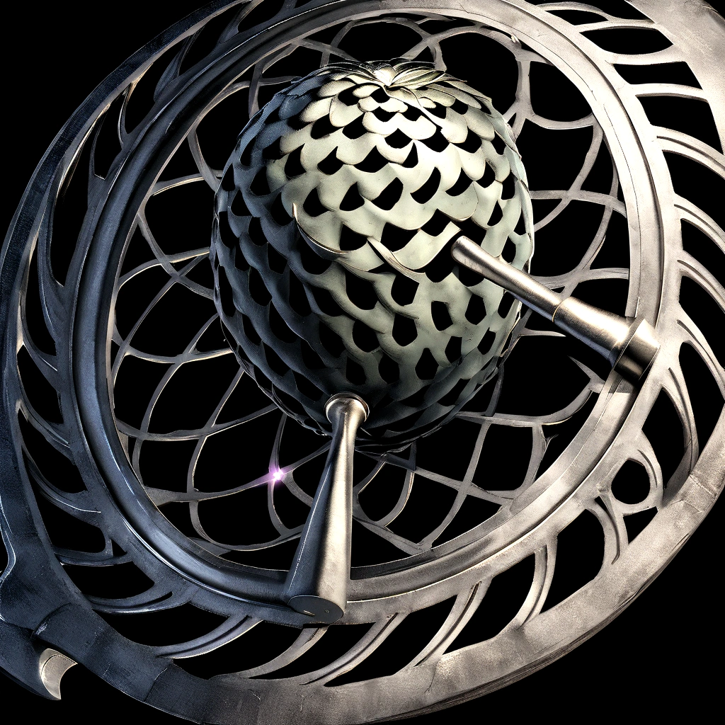 The fruit is shaped like a hammer, the size of a pineapple with a wide base that tapers slightly towards the top. The surface of the fruit is covered in spiral patterns. The skin is hard and rough, as if made of a sturdy metal. The color is a dark shade of metallic gray, with subtle silver sparkles that reflect the light. On top of the fruit is a small leaf shaped like a crossed hammer, with a dark green coloration. BLACK BACKGROUND, "Anime design inspired by One Piece, full of dramatic and impressive lighting, infused with creative details, ultra-fine 2D design, scenery bathed in creativity, boasting 2D anime resolution clarity, HD anime graphics, high-octane rendering."