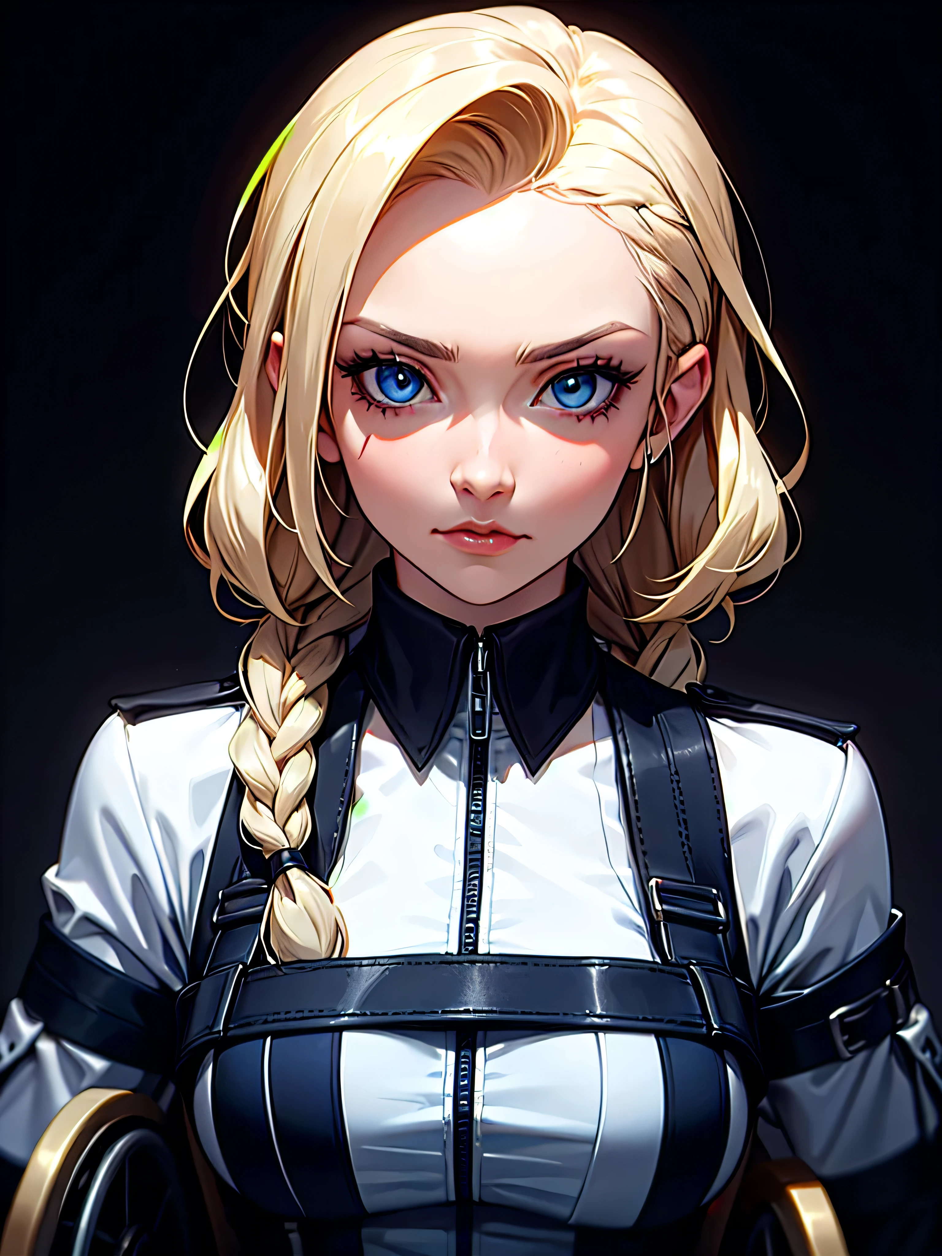 ((Portrait)), She has a Strong and Determined Appearance, with a Nordic Charm, Fair Skin, and a Slim Build. She Expresses a Focused and Resolute Look, Giving Off a Confident Attitude. She has Blue Eyes, Her Hair is Long and Straight, Platinum Blonde, Styled in Braided Bangs with Strands Falling Over Her Forehead. She Wears a Fitted Dark Police Shirt with a Tactical Straps, and is Always Seen in a Sleek, Modern Wheelchair. ((Portrait, HDR, Dark Background))
