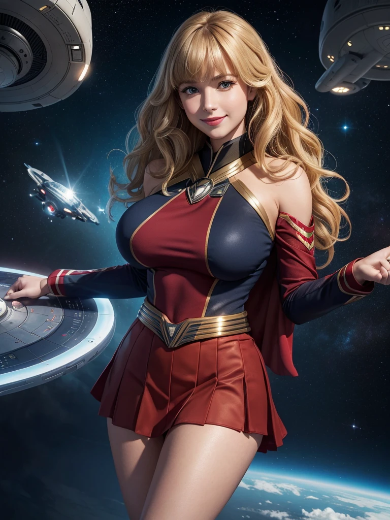 Supergirl, 27 years old, full body view, full body view, full body view, Beautiful woman shoulder length curly blonde hair, two side up with bangs, ringlets, shoulder length curly blonde hair with bangs, two side up, ringlets, shoulder length curly blonde hair with bangs, two side up, ringlets, defined body, (large_breasts:1.5) Red lipstick, smiling slightly, hands free, standing facing camera, (( starfleet red officers uniform with skirt)), starship observation lounge overlooking planet below (curvy:1.2)