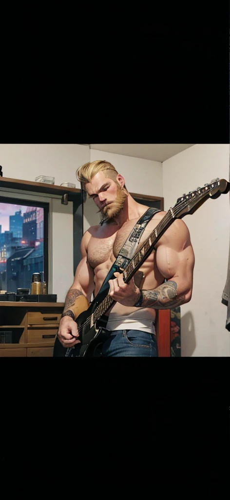 Blonde muscular man, 35 years old, dark blond beard, playing black guitar, tattooed on his left arm, a city in the background