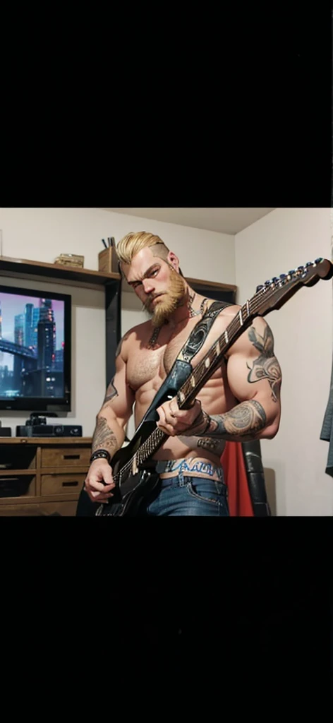 Blonde muscular man, 35 years old, dark blond beard, playing black guitar, tattooed on his left arm, a city in the background