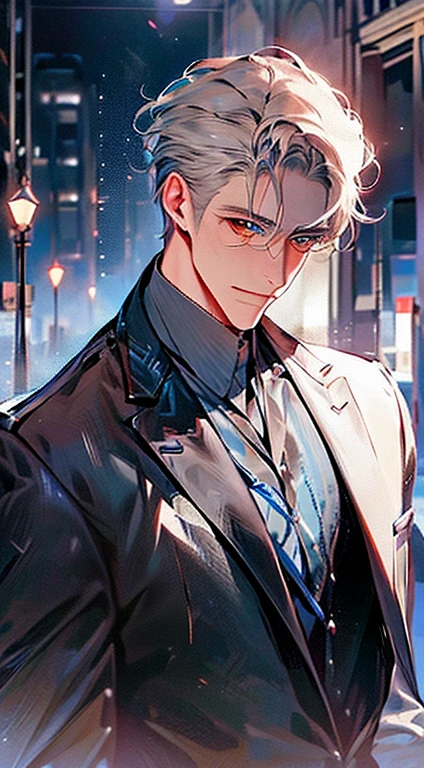 (best quality, masterpiece, 8K, photorealistic, cinematic lighting, 1:4 hdr image, ultra detailed, beautiful image), a mature man, 25 years very handsome, ((cold expression smile in love)), short grey hair, blue eyes, face perfect without mistakes, ((buttoning his jacket, CEO)), smile.