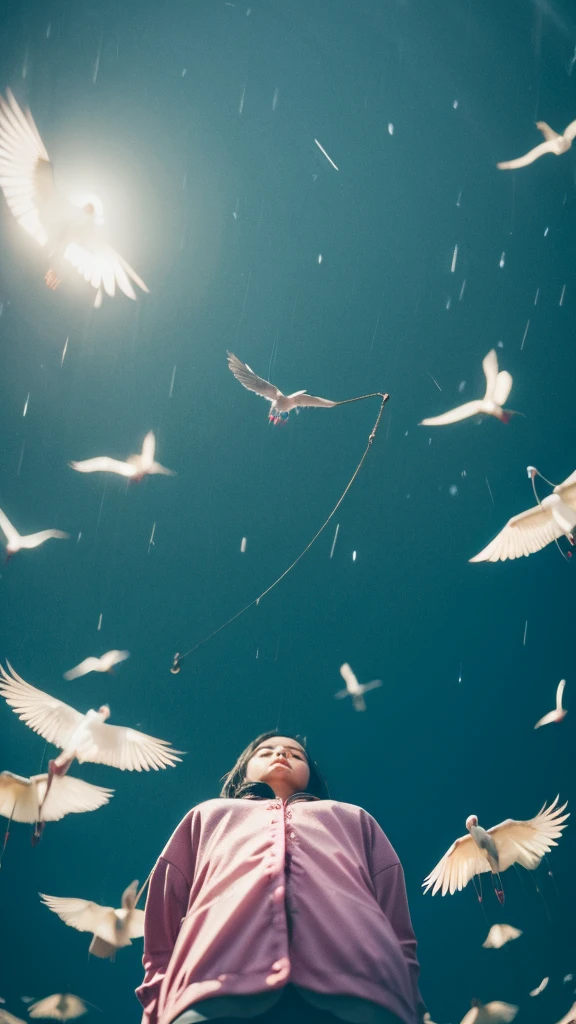 ((crane))、bird、Rainy Sky、1girl,from below