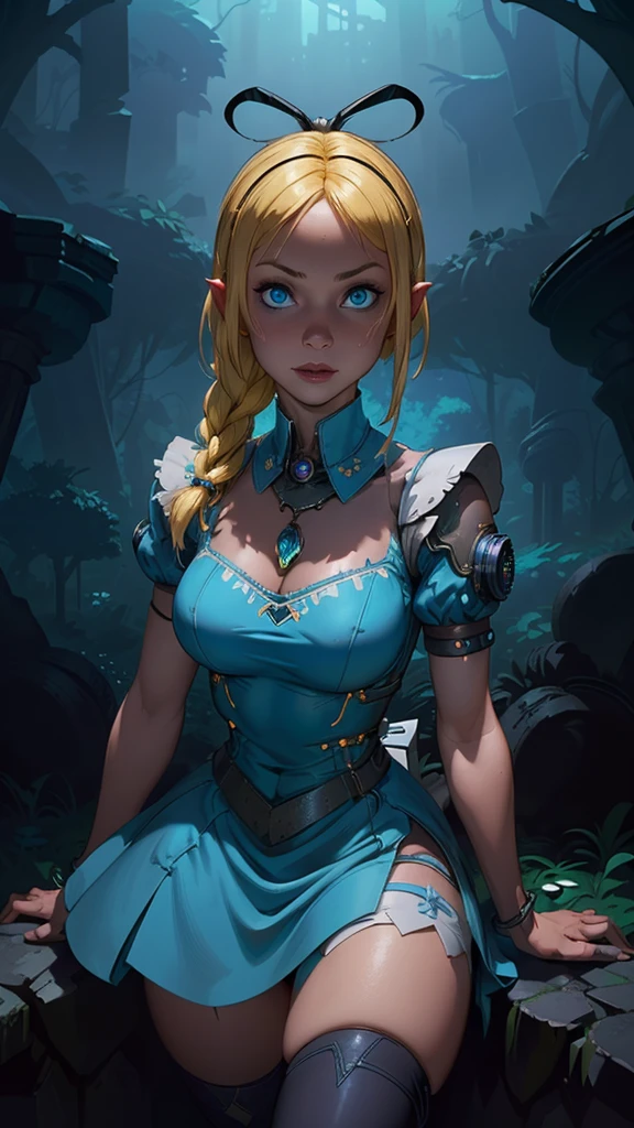 (La Best Quality,A high resolution,Ultra - detailed,actual),Alice Wonderland, short blue dress, white thigh stockings, long yellow hair, ,(Cyberpunk dark forest ruined dungeon ruins background :1.4 ), More detailed 8K.unreal engine:1.4,UHD,La Best Quality:1.4, photorealistic:1.4, skin texture:1.4, Masterpiece:1.8,first work, Best Quality,object object], (detailed face features:1.3),(The correct proportions),(Beautiful blue eyes:1.4 ),  (cowboy pose),( Alice Wonderland:1.4), (Alice Wonderland V2.1), (perfect anatomy :1.4),( not mutations), (Alice Liddell Disney:1.4), (dynamic cowboy pose), (face detailed :1.4) 