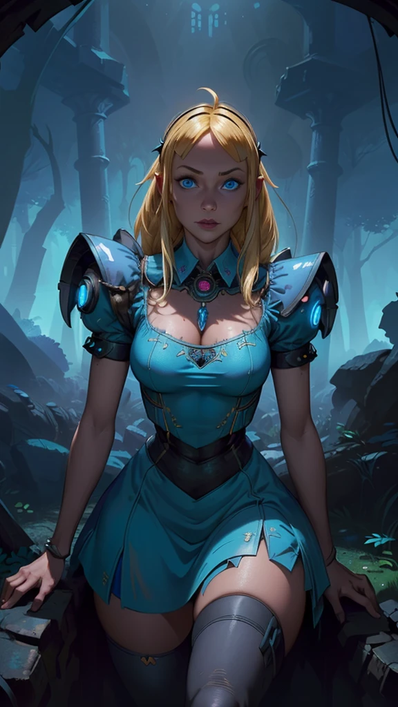 (La Best Quality,A high resolution,Ultra - detailed,actual),Alice Wonderland, short blue dress, white thigh stockings, long yellow hair, ,(Cyberpunk dark forest ruined dungeon ruins background :1.4 ), More detailed 8K.unreal engine:1.4,UHD,La Best Quality:1.4, photorealistic:1.4, skin texture:1.4, Masterpiece:1.8,first work, Best Quality,object object], (detailed face features:1.3),(The correct proportions),(Beautiful blue eyes:1.4 ),  (cowboy pose),( Alice Wonderland:1.4), (Alice Wonderland V2.1), (perfect anatomy :1.4),( not mutations), (Alice Liddell Disney:1.4), (dynamic cowboy pose), (face detailed :1.4) 