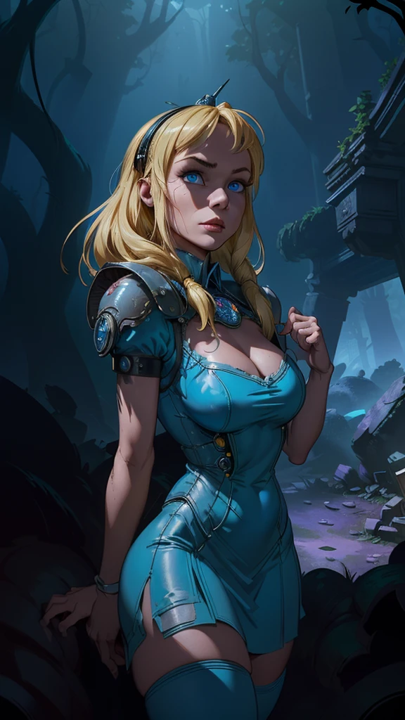 (La Best Quality,A high resolution,Ultra - detailed,actual),Alice Wonderland, short blue dress, white thigh stockings, long yellow hair, ,(Cyberpunk dark forest ruined dungeon ruins background :1.4 ), More detailed 8K.unreal engine:1.4,UHD,La Best Quality:1.4, photorealistic:1.4, skin texture:1.4, Masterpiece:1.8,first work, Best Quality,object object], (detailed face features:1.3),(The correct proportions),(Beautiful blue eyes:1.4 ),  (cowboy pose),( Alice Wonderland:1.4), (Alice Wonderland V2.1), (perfect ??????? :1.4),( not mutations), (Alice Liddell Disney:1.4), (dynamic cowboy pose), (face detailed :1.4) 