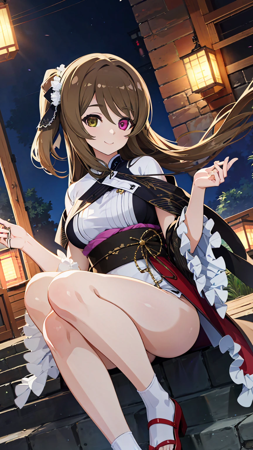 High resolution,masterpiece, Highest quality, Kuo Shenlin , heterochromia , Brown hair, smiling , (((busty))), 1girl, sensual body, Her cheeks flushed, frills kimono , kimono