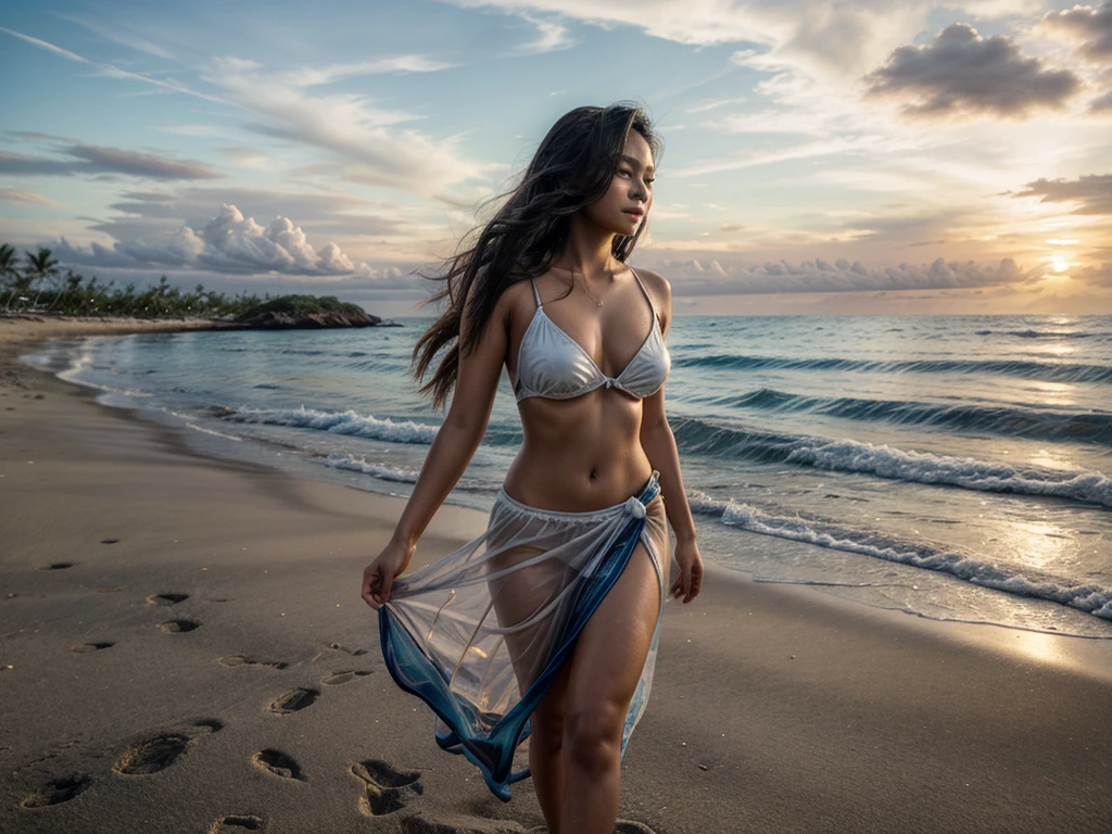 [[((attractive young Filipina woman with a captivating presence, embodying the essence of Allurist:1.6)), walking on the beach in Siargao, wearing a stylish sarong and sunglasses. The background features a beautiful late afternoon beach scene with golden sands and gentle waves, captured from a drone's perspective. The scene is bathed in the warm glow of the setting sun, creating a serene and picturesque atmosphere. The woman is walking gracefully along the shoreline, with the ocean and horizon in the background. The image should be in ((8K resolution:1.5)) with ((hyper-realistic detail:1.6)). The focus is entirely on the tranquil beach setting and the woman's stylish and confident presence, perfectly capturing the essence of a serene beach walk in Siargao.]]