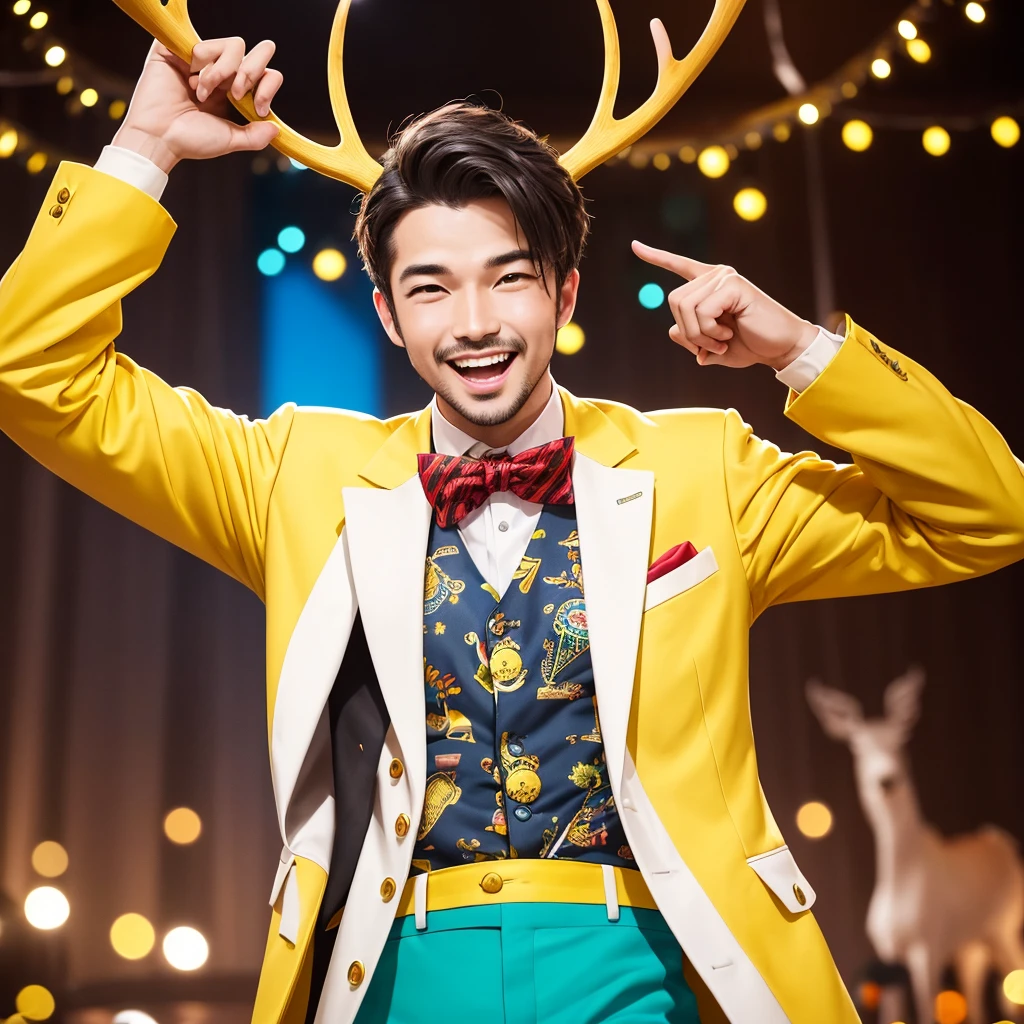 Create an image of a lively and charismatic man representing an MBTI entertainer (ESFP) type. He is wearing a bright yellow outfit that showcases his sociable and energetic nature. He has playful deer antlers growing from his head, adding a whimsical and entertaining touch to his appearance. The background should be a vibrant and festive setting that reflects his love for excitement and being the center of attention.