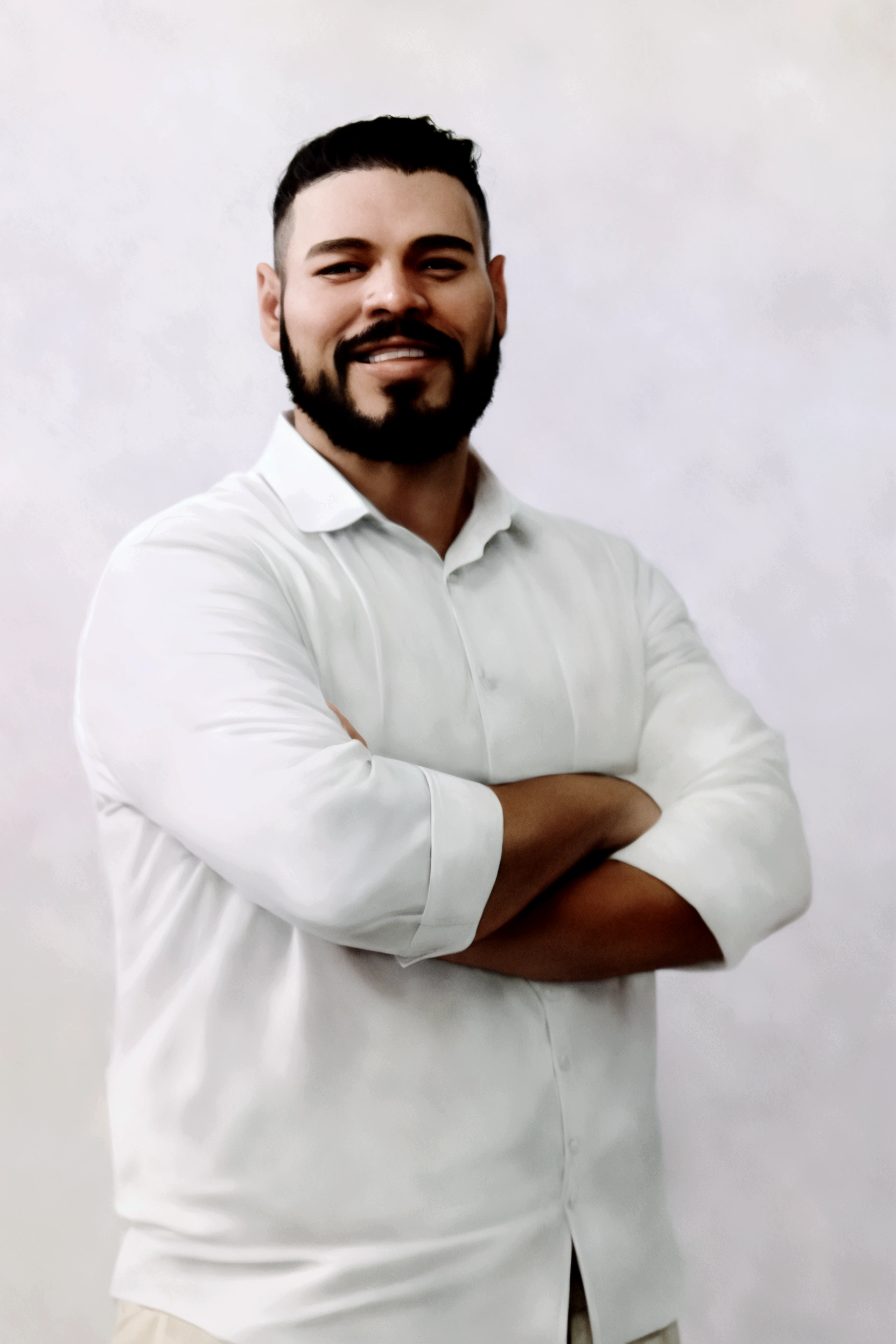 Pixar. white man, with black beard, black hair, small eyes, smile, white dress shirt.