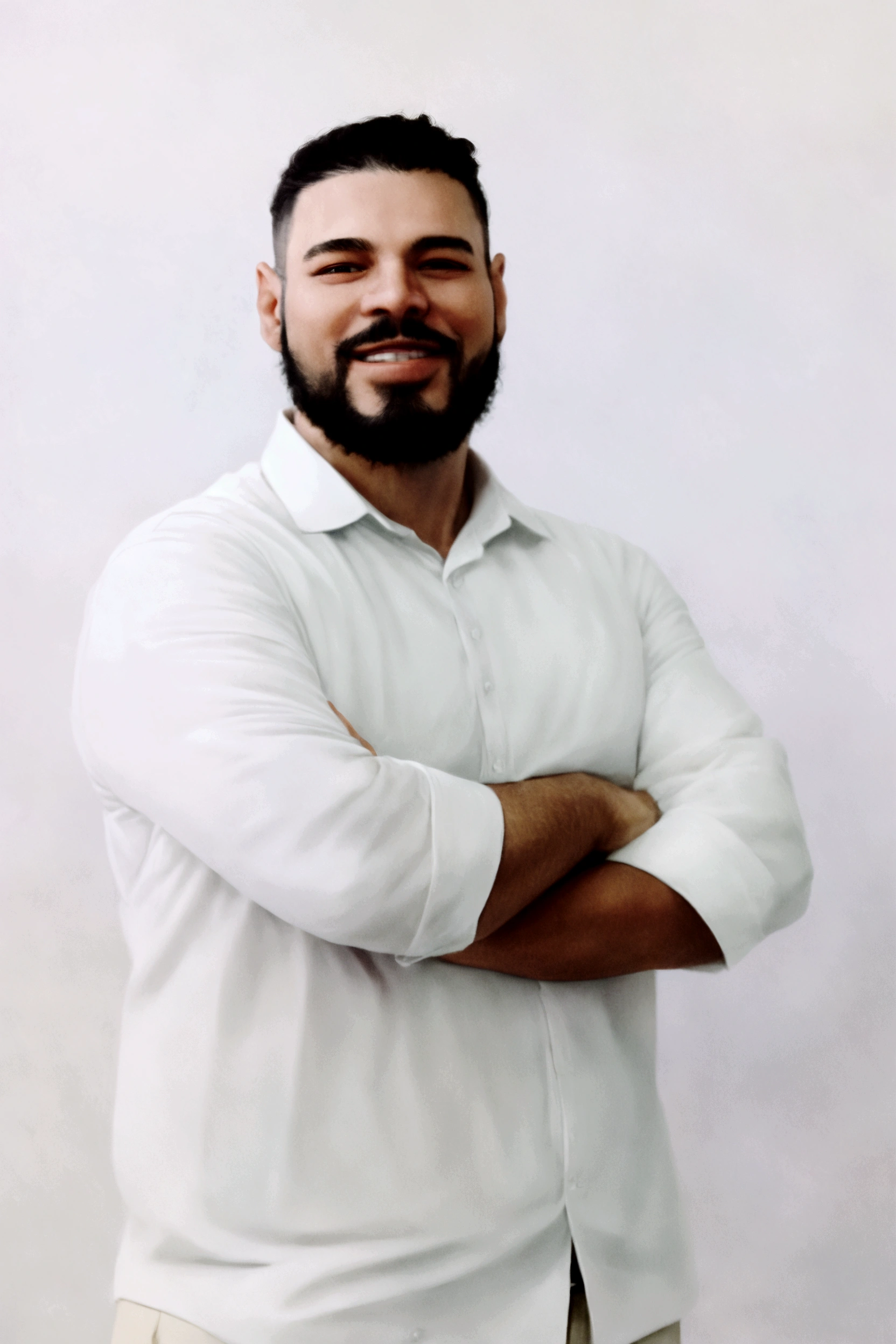Pixar. white man, with black beard, black hair, small eyes, smile, white dress shirt.