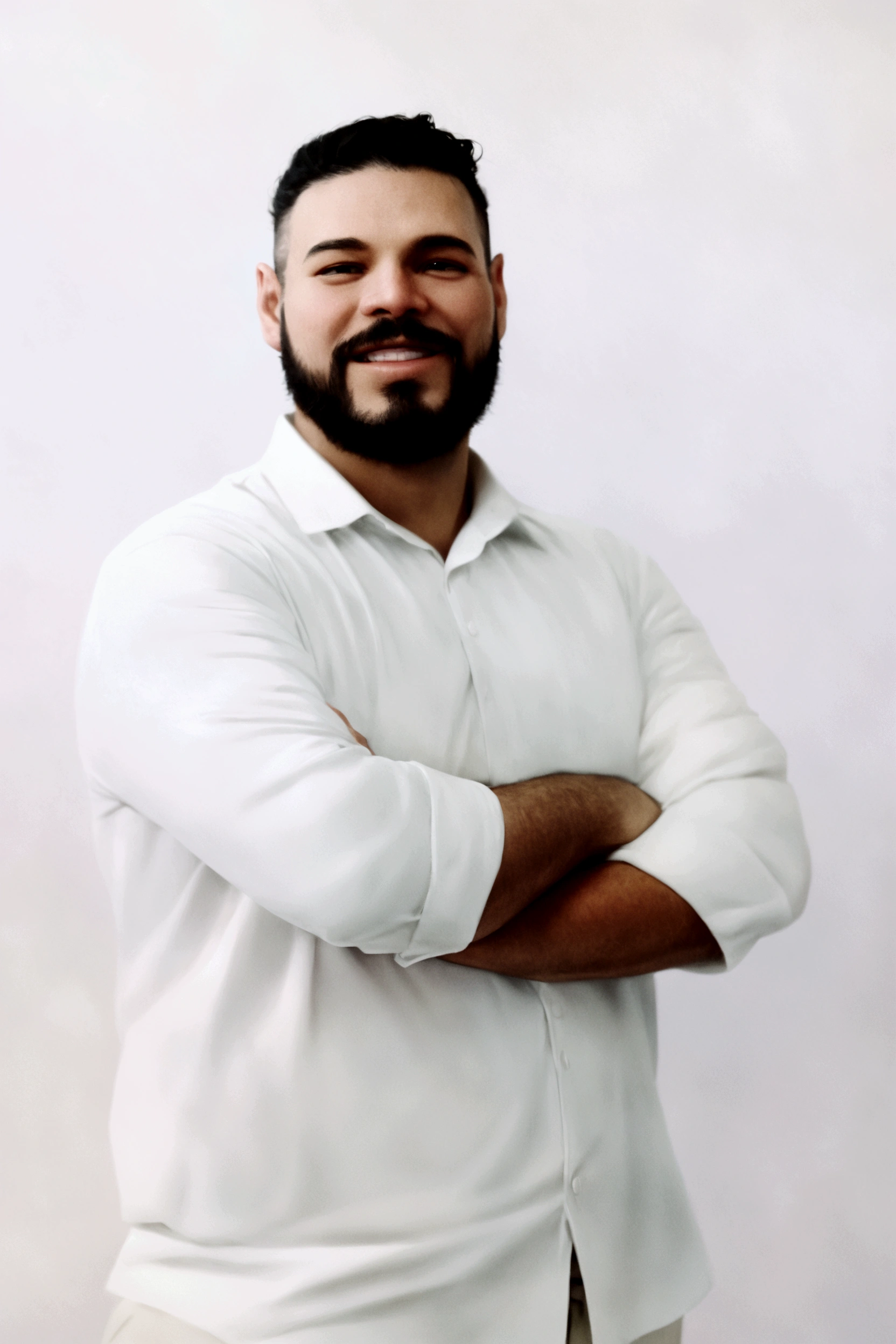 Pixar. white man, with black beard, black hair, small eyes, smile, white dress shirt.
