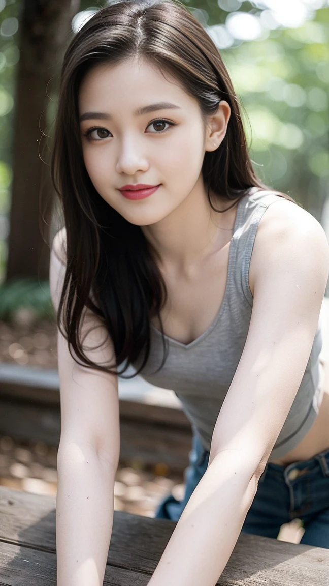 masterpiece, best quality, Surreal, Ultra Detailed, 8k resolution, RAW photos, Clear focus, (A girl in the forest), ((light gray shirt)), sleeveless, sports Shorts,, Solitary, Perfect body, Bangs to eyebrows、Beautiful brown hair、Beautiful and delicate eyes、Brown eyes、Raise an eyebrow、Bangs to eyebrows、Beautiful brown hair、Beautiful and delicate eyes、Brown eyes、Raise an eyebrow、High Nose、Small nostril、Little mouth、Tempting lips、Mouth slightly open、Beautiful breasts、Full body、Oval face,Phoenix Eyes,Eyebrow, Both eyes, Both eyes皮, Long eyebrows, Long eyelashes, A faint smile,Stand up,
32 inches in the chest,(a charming smile:1), (sexy pose),26 years old, light,White shoes
