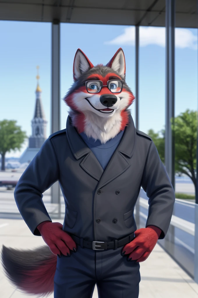 Ivan Wolfbach (Аэропорт Domodedovo),high,Beautiful,slim,24 years,wolf, red fur,high Beautiful wolf, 24 years,(red body:1.3),beautiful blue eyes,Domodedovo, Russia, Аэропорт Domodedovo,gray shirt, green tie, trousers,canine, wolf, detailed fur, male, antro, paw pads, finger claws, at viewer, 5 fingers, paws, 5 fingers,day,digital photography, soft focus,good mood на стойке регистрации,,photorealism, realistic, photorealistic,digital style,from close walks around the city, Very close to the camera, digital photography, smile positive, good,mood,green tie, At the airport, glasses have trouble seeing, pilot patch, 4 yellow stripes on sleeves, 
masterpiece, Best quality, ultra realistic, 8 k)