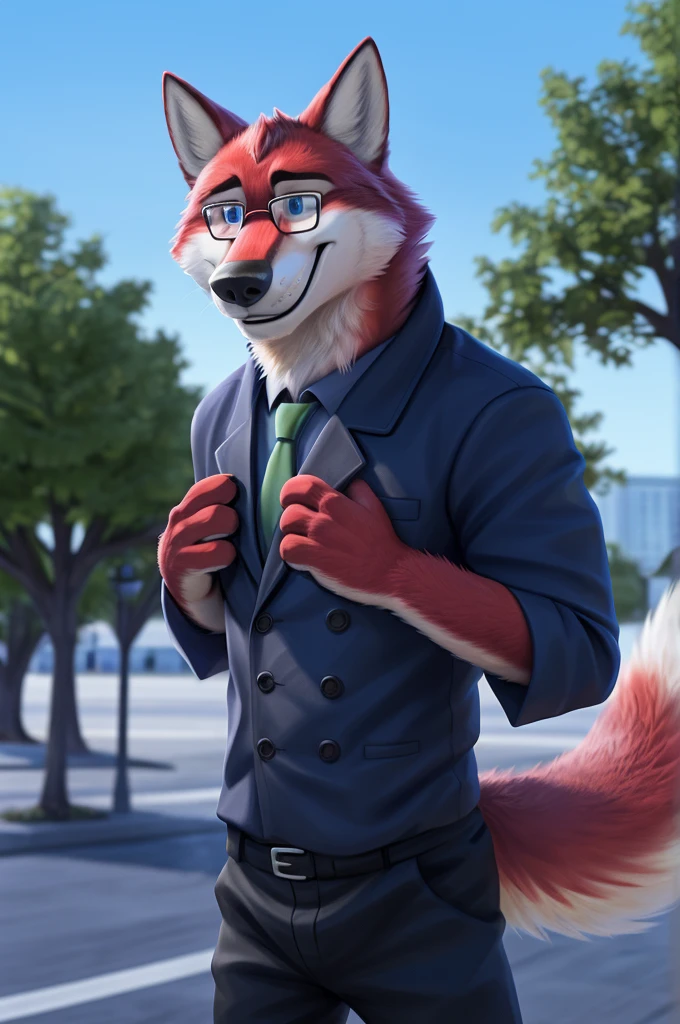 Ivan Wolfbach (Аэропорт Domodedovo),high,Beautiful,slim,24 years,wolf, red fur,high Beautiful wolf, 24 years,(red body:1.3),beautiful blue eyes,Domodedovo, Russia, Аэропорт Domodedovo,gray shirt, green tie, trousers,canine, wolf, detailed fur, male, antro, paw pads, finger claws, at viewer, 5 fingers, paws, 5 fingers,day,digital photography, soft focus,good mood на стойке регистрации,,photorealism, realistic, photorealistic,digital style,from close walks around the city, Very close to the camera, digital photography, smile positive, good,mood,green tie, At the airport, glasses have trouble seeing, pilot patch, 4 yellow stripes on sleeves, 
masterpiece, Best quality, ultra realistic, 8 k)