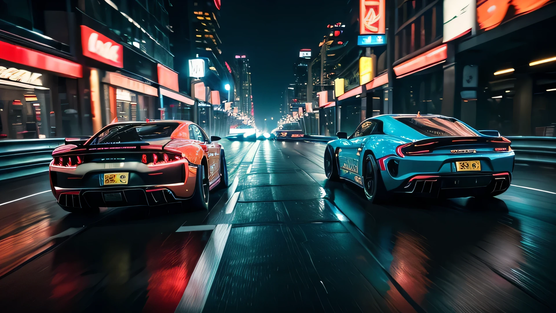 (best quality,4k,8k,highres,masterpiece:1.2),ultra-detailed,(realistic,photorealistic,photo-realistic:1.37),two luxury sports cars racing at high speed on a night city street,fast motion blur,dynamic action pose,dramatic lighting,neon city lights,wet asphalt road,cinematic atmosphere,intense competition,adrenaline,speed,power