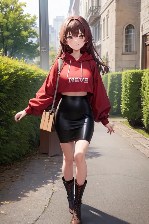 1girl, woman, red hoodie, crop top, black midi pencil skirt (tight), medium length skirt, long brown hair, looking at viewer, full body, smile, walking, brown hair, blush, boots, garden, fall