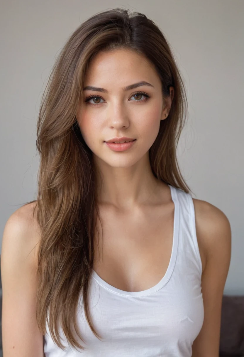 hyper realisti,,aqheodd, realisti style, a woman with Long hair and a white tank top, 1 girl, alone, Long hair, Viewers look at, Brown hair, chemise, brown eyes, Mole above the lip, white chemise, upper body, parted lips, Teeth, lips, portrait, realisti, Detailed, complicated, elegant, light, keen focus, Nice, breath-taking, highly endowed, beach, blue jeans