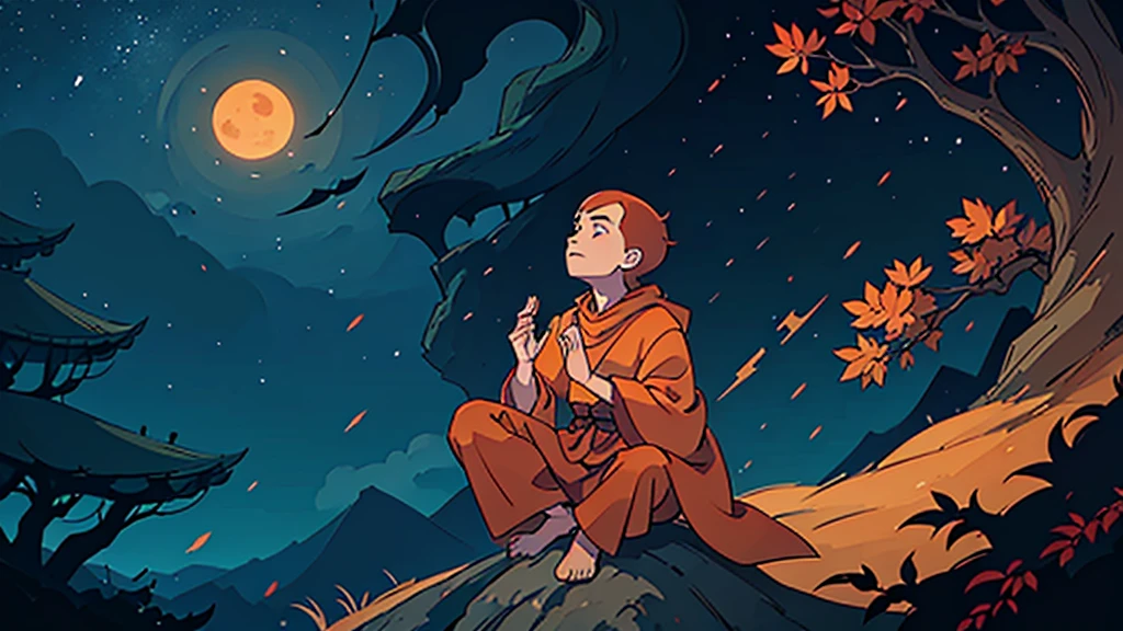 A very strong monk, wearing orange monk robes, is meditating while looking up, near a large tree with red leaves that are falling from the branches, under a full moon in the night sky.
