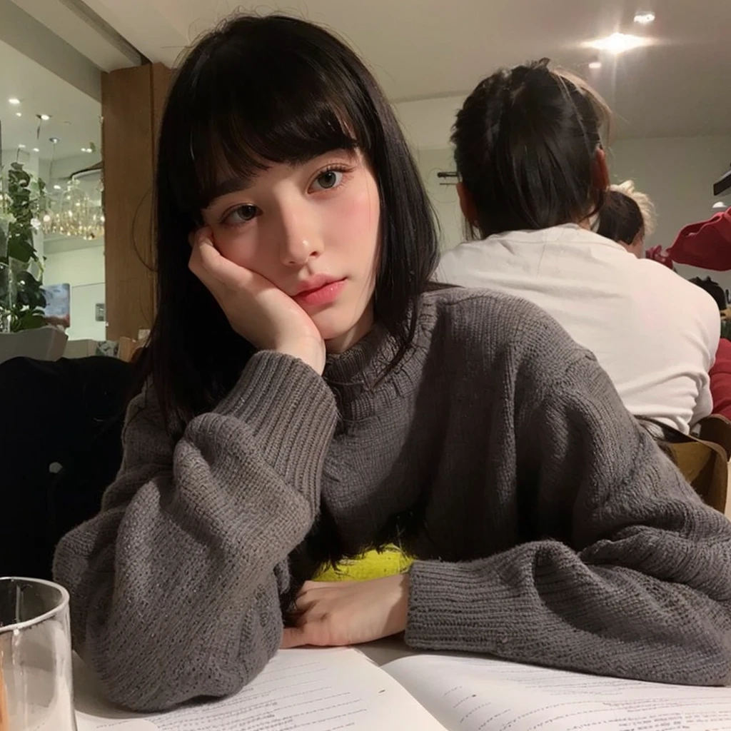 Pale teenage girl with black hair and bangs above her eyebrows, with small pink lips and a potato nose and light green eyes, taking photos distracts you