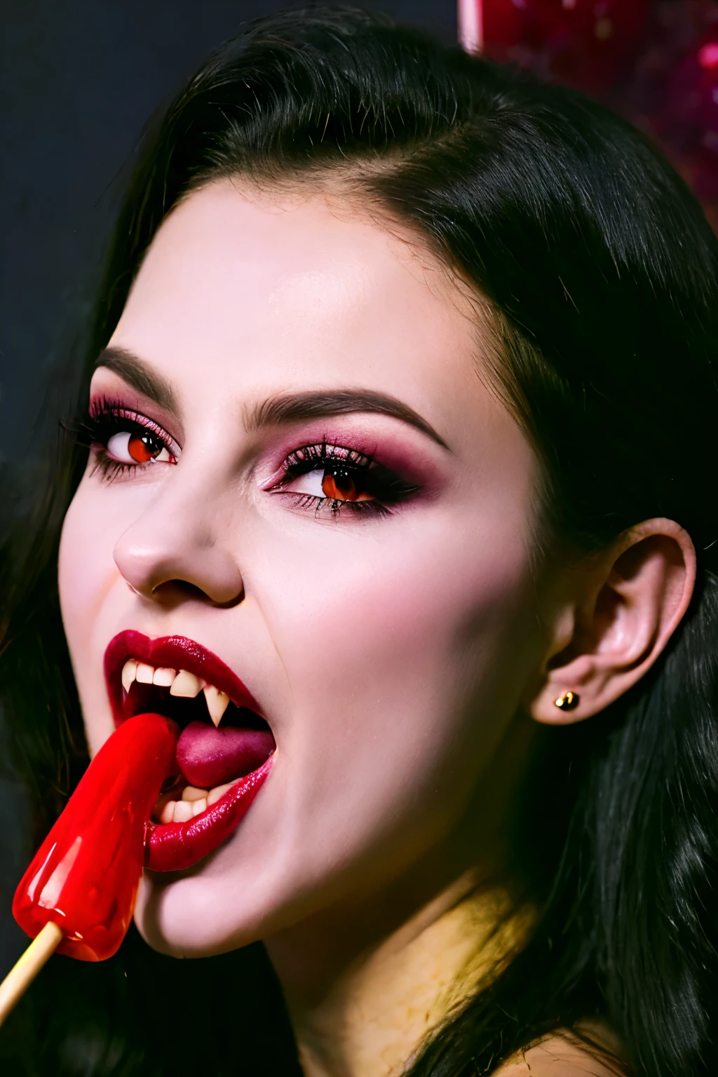 (masterpiece, top quality, best quality, official art, beautiful and aesthetic:1.2), a pale Vampire girl with white skin, long hair flowing, black hair, ((open mouth, canine vampire teeth, licking a red lollipop)), blood dripping from above, demon behind in all black, occult, oil painting:1.5, gloomy, holy, dark backgroound, black background, a dark shadow behind.