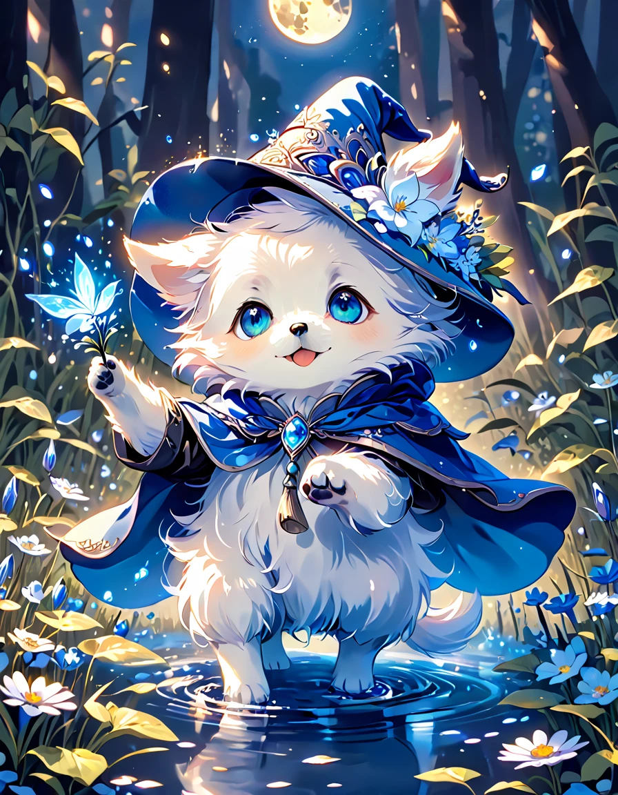 absurdres, highres, ultra detailed, HDR, master piece, small dog, white dog, expressive blue eyes, magical hat, cute, best quality, blue moon, flowers, fantasy, magical, solo, water, blue shining fireflies, blue petals, cape,