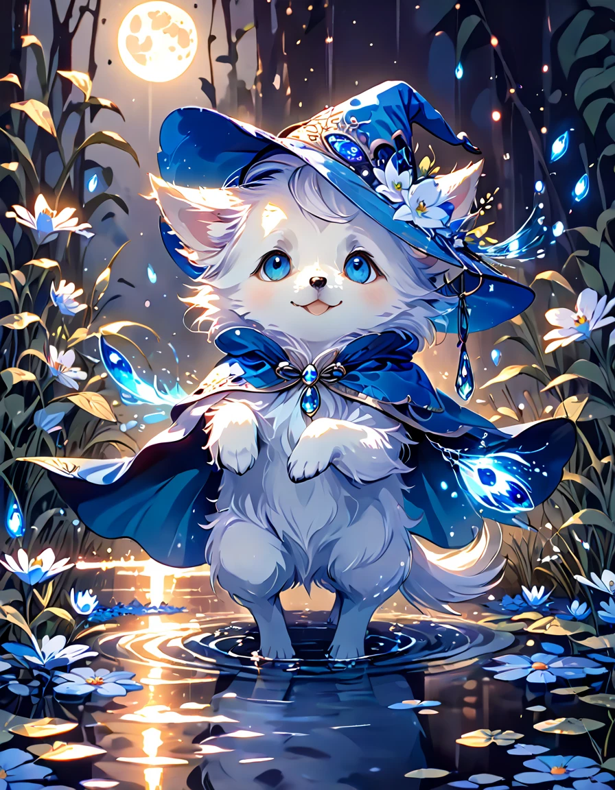 absurdres, highres, ultra detailed, HDR, master piece, small dog, white dog, expressive blue eyes, magical hat, cute, best quality, blue moon, flowers, fantasy, magical, solo, water, blue shining fireflies, blue petals, cape,